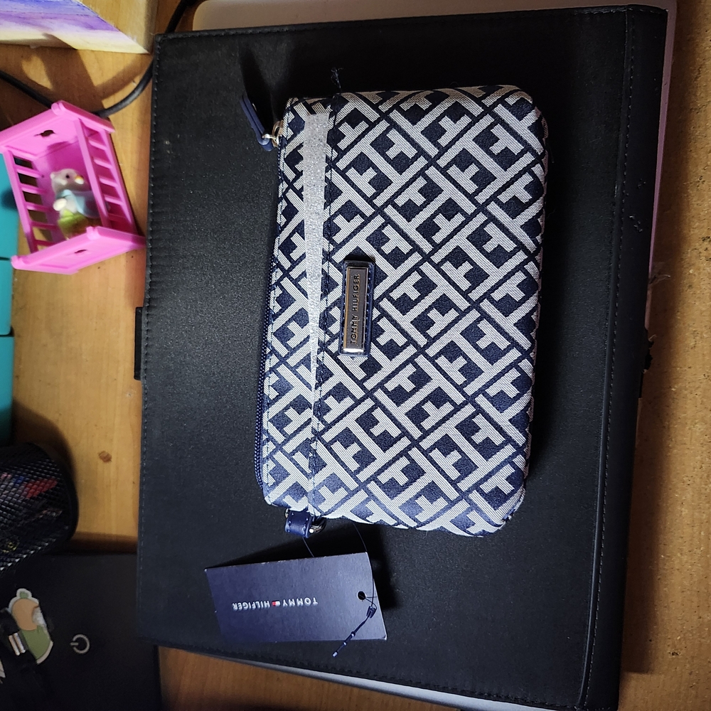 Tommy Hilfiger Navy and White Patterned Wristlet
